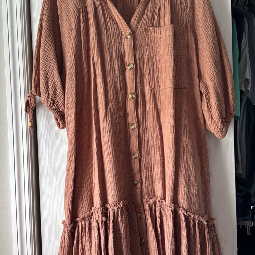 Millibon Long Sleeve Button-Down Dress in Tan
